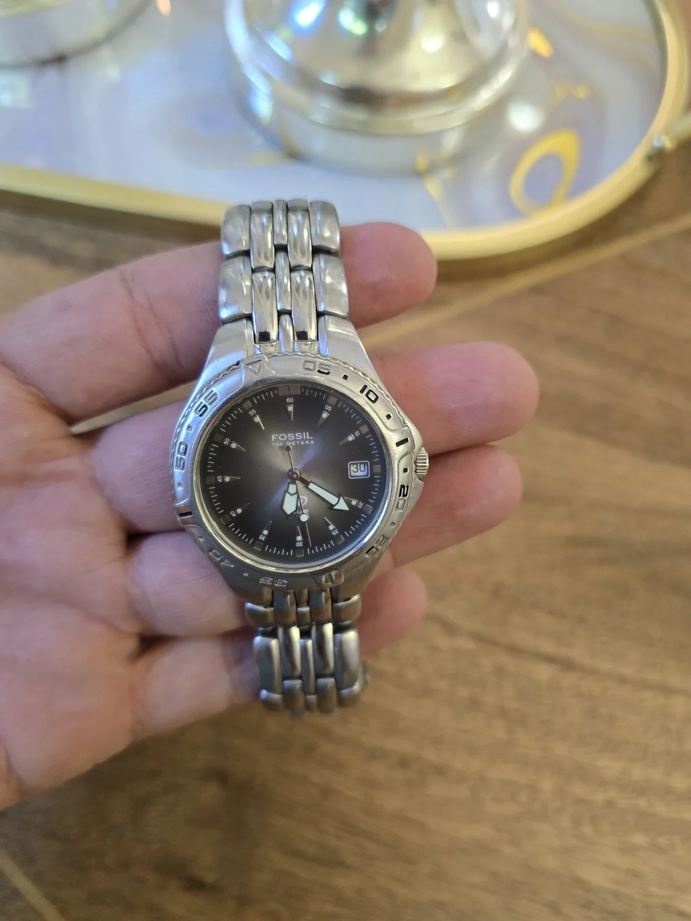 Fossil Silver Stainless Steel Watch with Black Dial